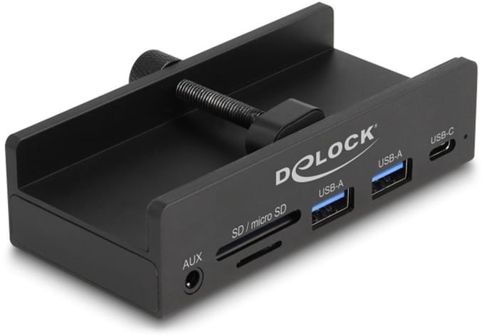 Delock External USB 5 Gbps 3 Port Hub 2 x USB Type-A, 1 x USB Type-C™ and 2 Slot Card Reader with Locking Screw
