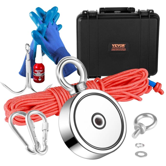 Kit de Pêche Magnétique, Force de Traction 1200 lbs Aimants de Pêche Double Face, Aimant de 2,95 pouces de Diamètre avec Corde, Grappin, Gants, Mallette Étanche,