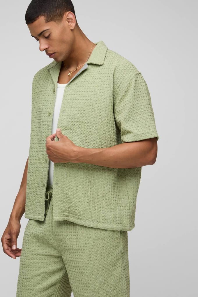 Oversized Jumbo Waffle Revere Shirt and Shorts Set | Sage | Size Small