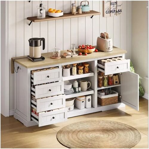 Merax Centraal eiland met uitschuifbaar paneel - 150 x 65 x 75 cm - met 5 laden + 1 deur - MDF - wit