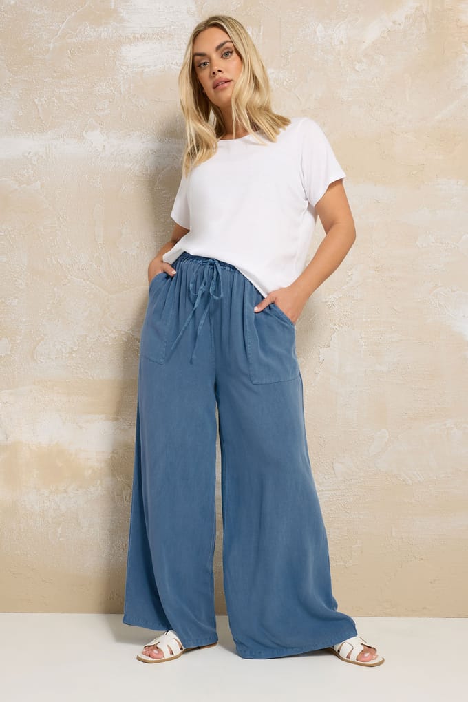 Yours Chambray Broek Met Wijde Pijpen En Elastische Taille In Denimblauw Size 46