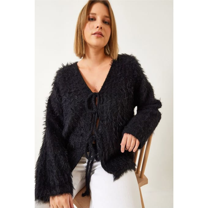 Textuur gebreide V-hals lange cardigan met pompom