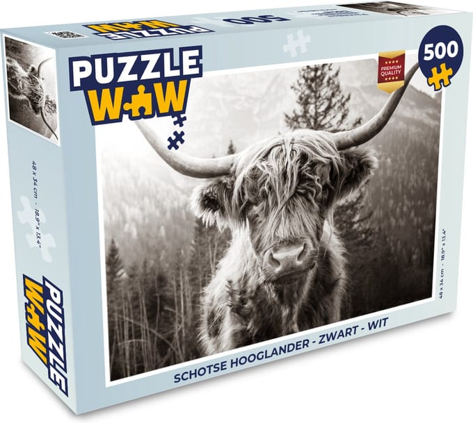 Puzzel Schotse hooglander - Zwart - Wit - Legpuzzel - Puzzel 500 stukjes