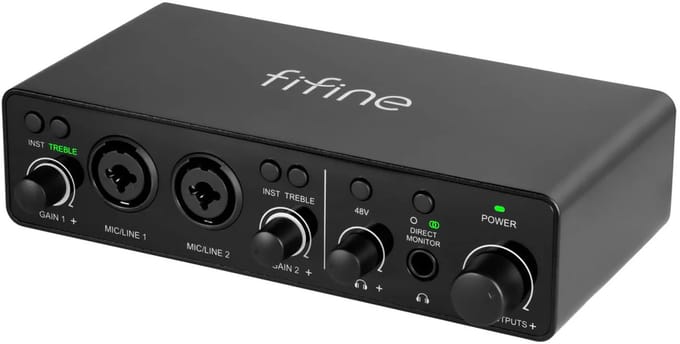 FIFINE - Ampli3 - Professionele Audio Interface - 2x XLR - 3,5 MM - 6,35 MM - 60dB - Pro Studio - Fantoomvoeding 48V - Zwart