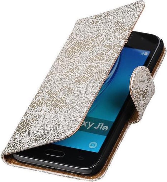 Wit Lace booktype cover hoesje voor Samsung Galaxy J1 (2016)