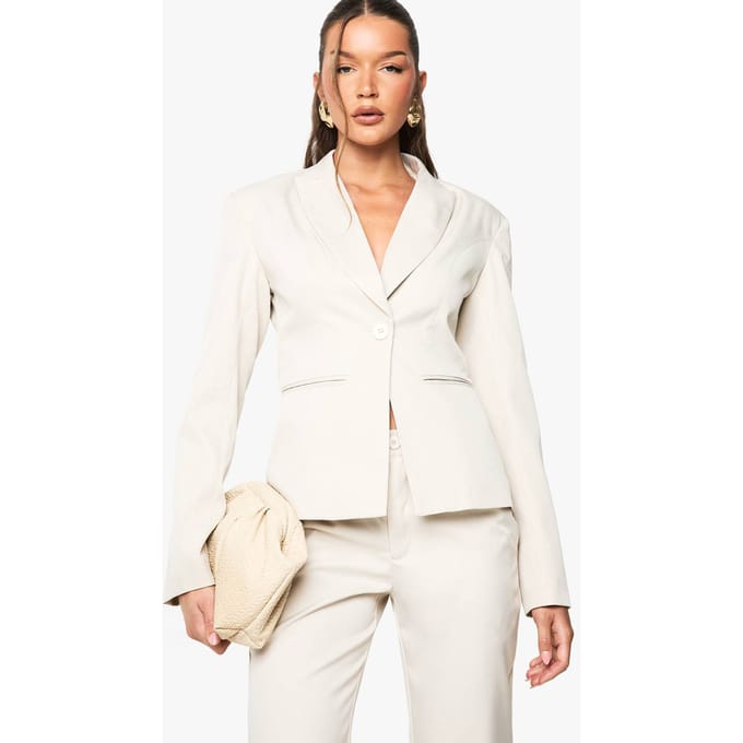 boohoo Dames Shoulder Pad Cinched Waist Tailored Blazer | Steen | Maat: 40
