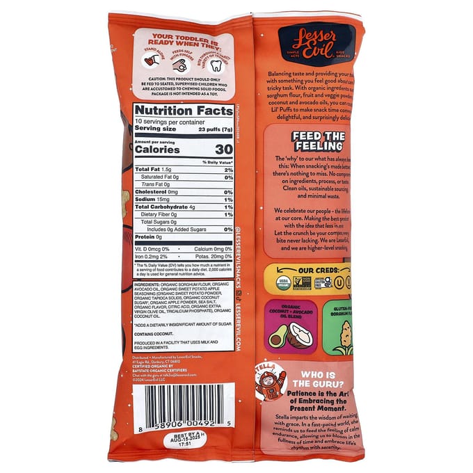 LesserEvil, Lil' Puffs, Zoete Aardappel Appel Asteroïden, 2,5 oz (71 gram) black
