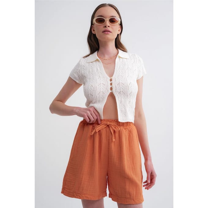 Hoge Taille Geweven Katoenen Shorts