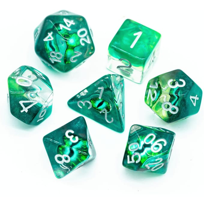 Cusdie Dés Œil de Dragon DND Set de 7 Dés Polyédriques Œil de Cyclope D4-D20 pour Jeux de Rôle sur Table Dungeons & Dragons vert