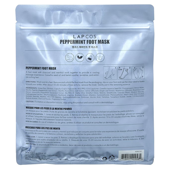 Lapcos, Foot Mask, Peppermint, 5 Pairs, 0.6 fl oz (18 ml) Each white