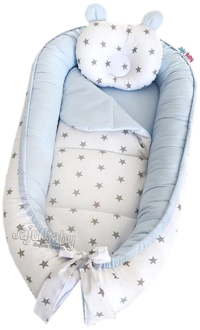 Babynestje - Babynest - Met Hoofdkussen - Blauw Grijs Sterren