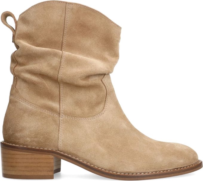 Manfield - Dames - Beige suède enkellaarsjes met hak - Maat 37