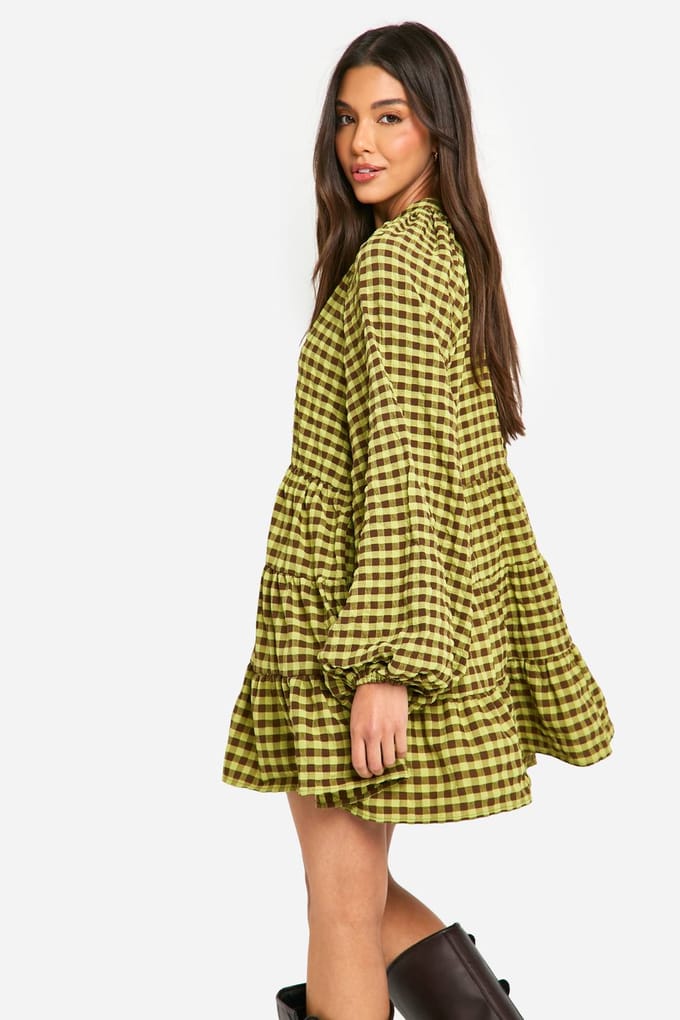 boohoo Dames Textured Check Smock Dress | Green | Maat: 8