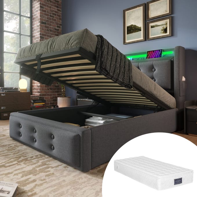 REDOM gestoffeerd eenpersoonsbed 90x200 cm – Katoenlinnen grijs – LED, USB/Type-C – Incl. matras