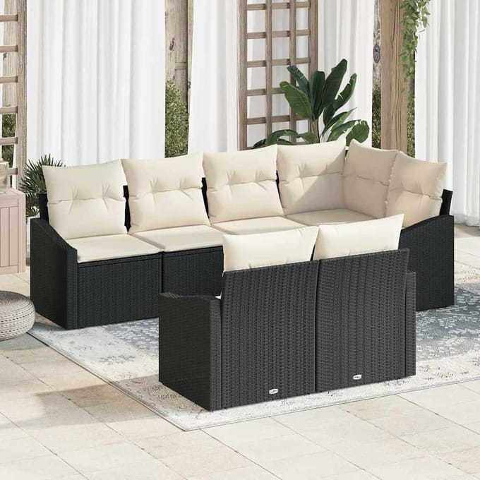 vidaXL - Tuinbank - Set - 7 - st - Zwart - en - Wit - poly - rattan