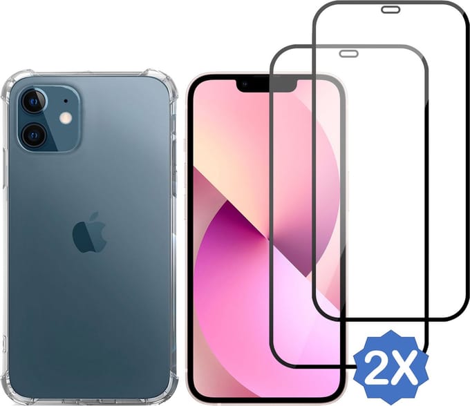 Geschikt voor iPhone 12 Mini - Hoesje + 2x Screenprotector – Full Cover Gehard Glas + Shock Proof Case – Transparant
