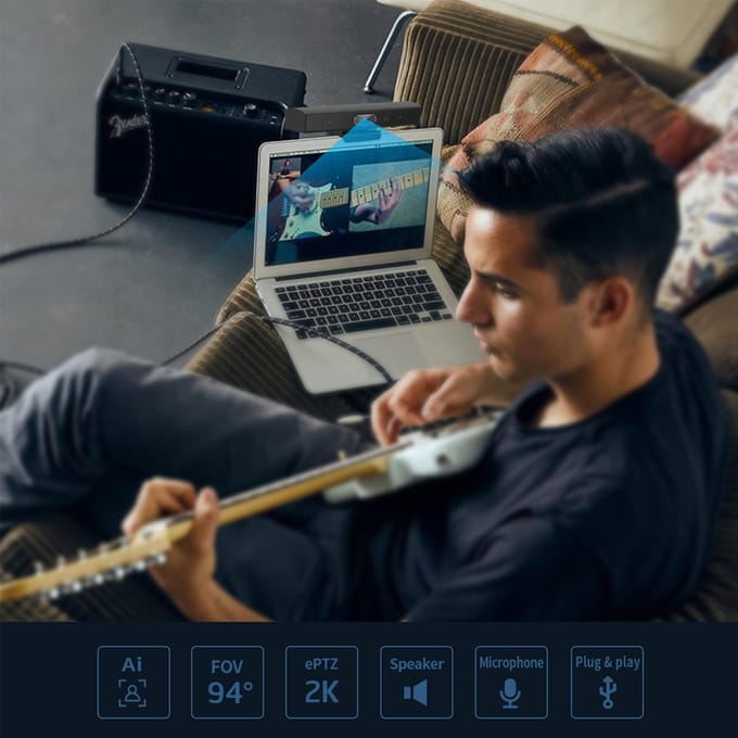 Aibecy 2K Webcam 3in1 HD caméra de vidéoconférence avec microphone et haut-parleur AI suivi du visage automatique noir