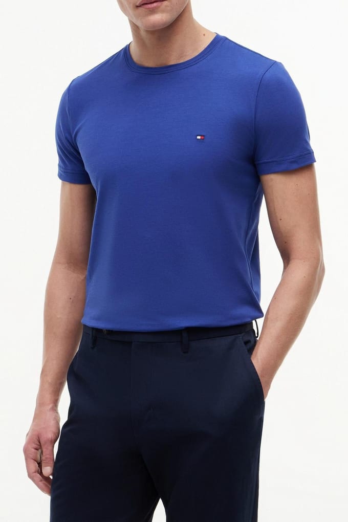 Tommy Hilfiger Stretch Slim Fit Tee Pigment Blue Größe: M | Basic T-Shirts Outlet | Herren | Blau