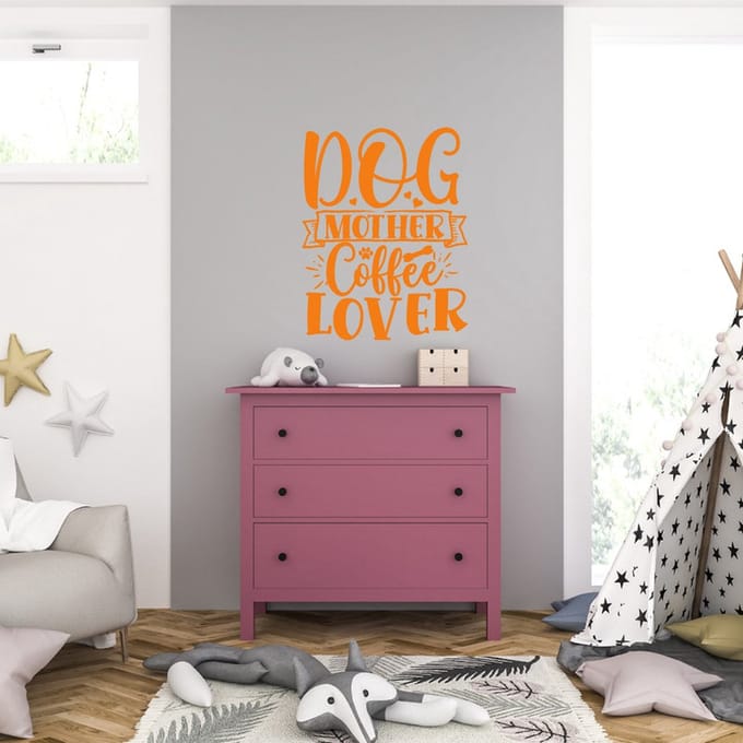 Muursticker - Dog Mother Coffee Lover - 58 x 74 - Oranje