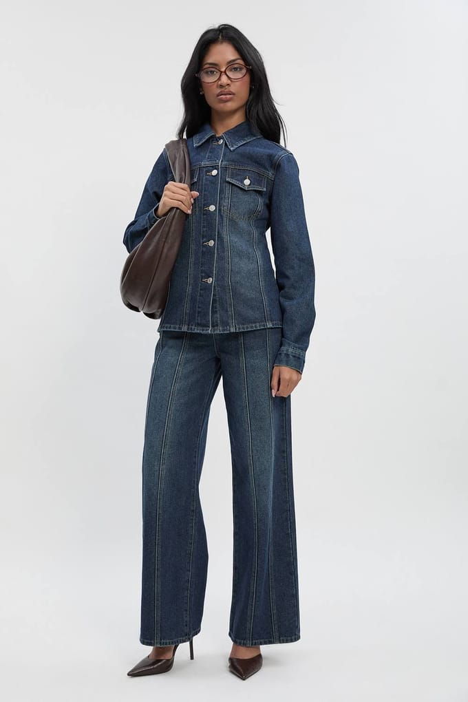 boohoo Dames Denimjack met getailleerde taille en stikseldetail | Dark Blue | Maat: 14
