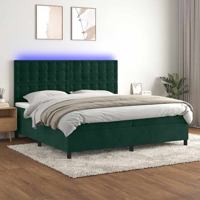 vidaXL - Boxspring - met - matras - en - LED - fluweel - donkergroen - 200x200 - cm