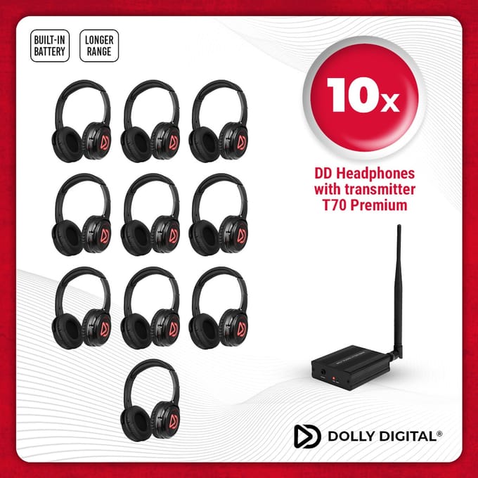 Dolly Digital© Professionele Silent Disco set | 10 Type DD oplaadbare headsets en 1 Type T70 oplaadbare zender met extra bereik.