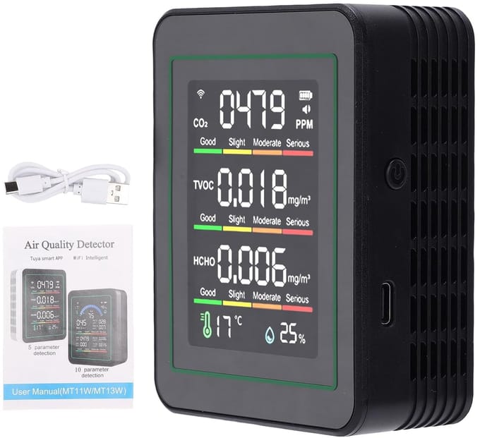 Luchtkwaliteitsmonitor - CO2 meter - Binnenlucht meten - 5-in-1 detectie - 9x7x3.5cm - Zwart