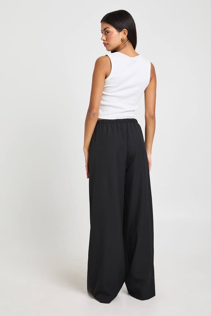 boohoo Dames Geweven Elastische Taille Trekkoord Wijde Pijpen Broek | Zwart | Maat: 34