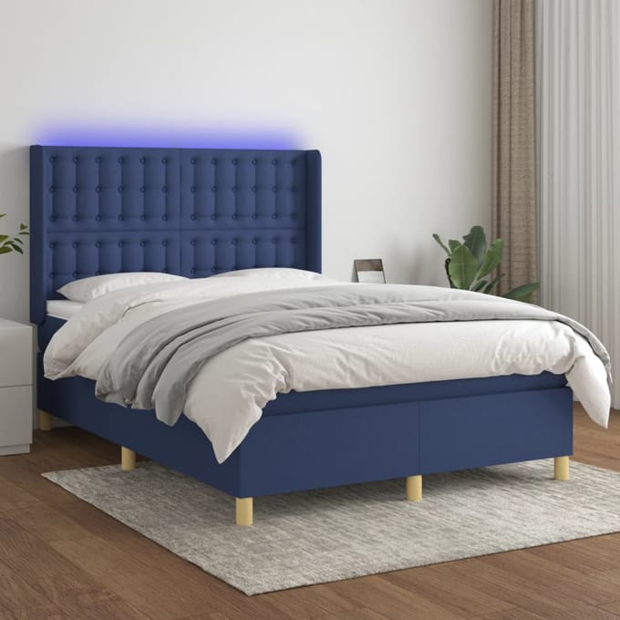 vidaXL - Boxspring - met - matras - en - LED - stof - blauw - 140x200 - cm