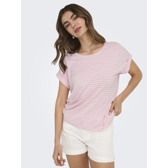 ONLY ONLMOSTER STRIPE S/S O-NECK TOP JRS NOOS Dames T-shirt - Pink Lady Cloud Dancer