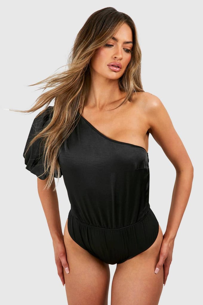 boohoo Dames Textured Satin Puff Sleeve Bodysuit | Zwart | Maat: 34