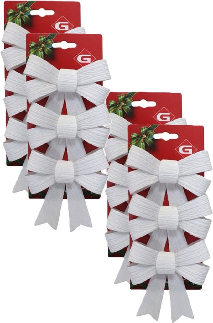 Gerimport Kerst ornamenten strikken - 12x st - wit - 10 x 13 cm - kerstboomstrikjes