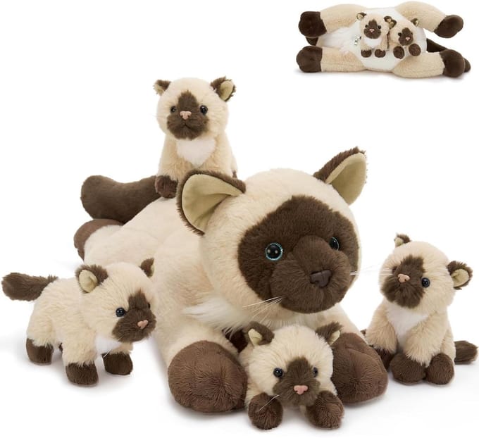Grote Kat Knuffel - Pluche Dier - Knuffelen en Spelen - Met Baby Erin - Groot Formaat - Beige