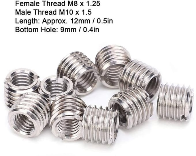 Set van 10 Schroefdraadinzetmoeren M8 tot M10 met Lengte 12mm