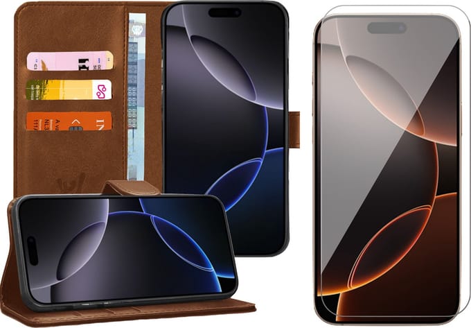 Hoesje geschikt voor iPhone 16 Pro Max - Screenprotector Glas - Portemonnee Book Case Bruin