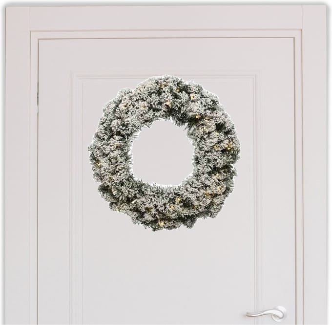 Kerstkrans/dennenkrans - groen - verlichting en kunstsneeuw - D50 cm - kerstkransen