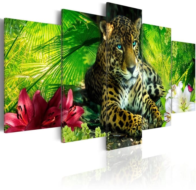 Schilderij - Jaguar tussen de bladeren , 5 luik