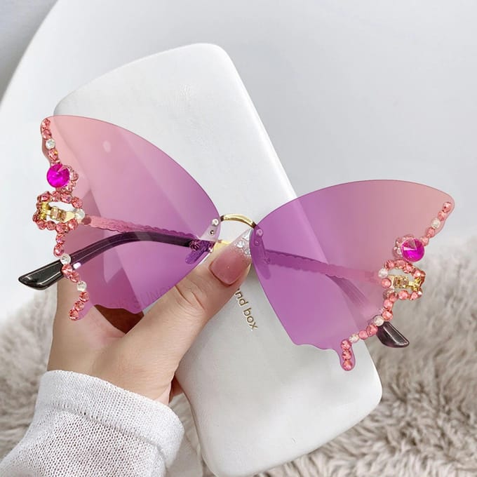 Randloze Oversized Zonnebril Shine Y2k Vintage Mode Diamant Vlinder Zonnebril Dames Dames Brillen Gafas De Sol