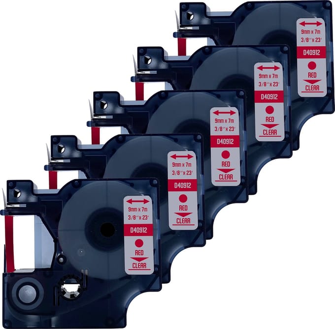 DULA Dymo D1 40912 Compatible label tape - 5 lettertapes - Rood op transparant - 9mm x 7m