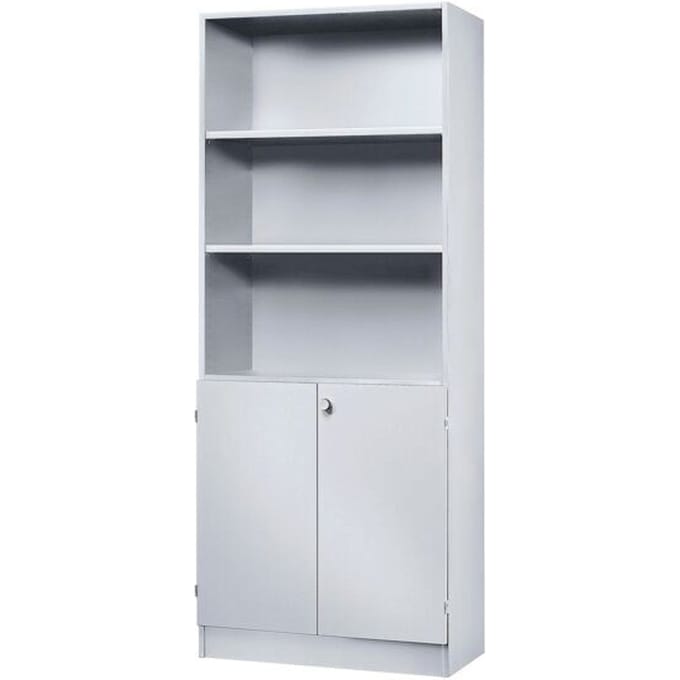 Combi-boekenkast, 5 OH, 3 open vakken + 2 afsluitbare deuren, B 800 x D 420 x 2004 mm, lichtgrijs