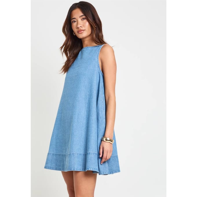 boohoo Dames Chambray Racer Swing Jurk | Medium Gebleekt | Maat: 38