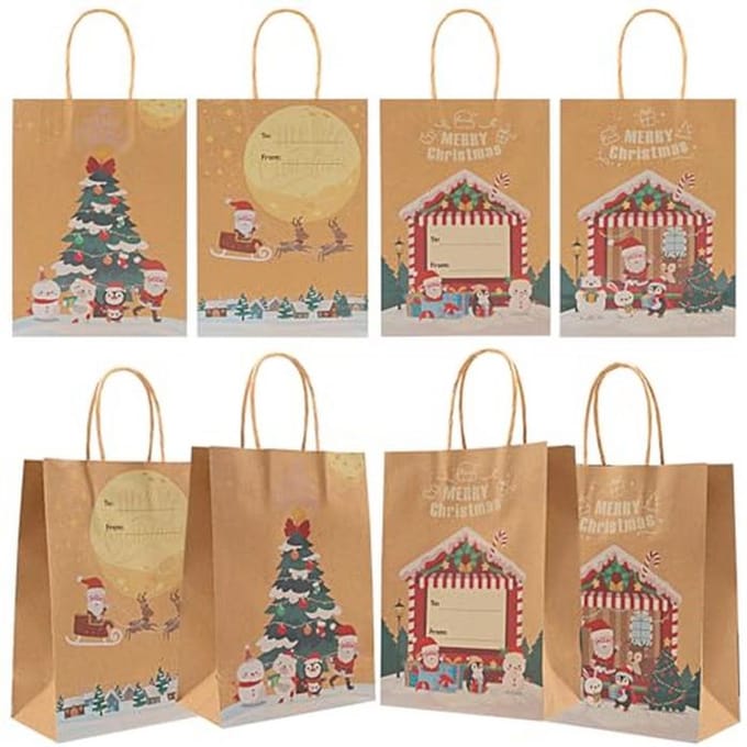 Cadeautasjes Kerst - 12 Stuks Herbruikbare Kraftpapier Geschenkzakjes met Handvat