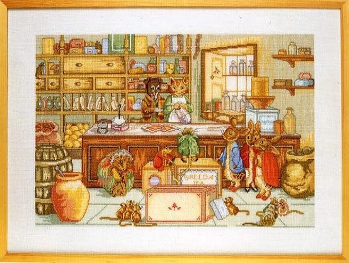 borduurpakket 70-3405 beatrix potter. peter rabbit's shop