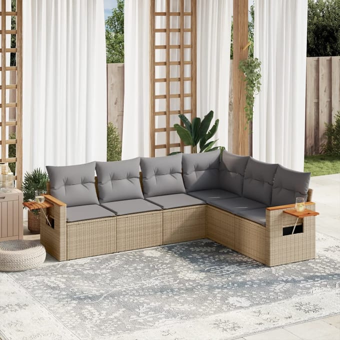 vidaXL - 6-delige - Loungeset - met - kussens - poly - rattan - beige