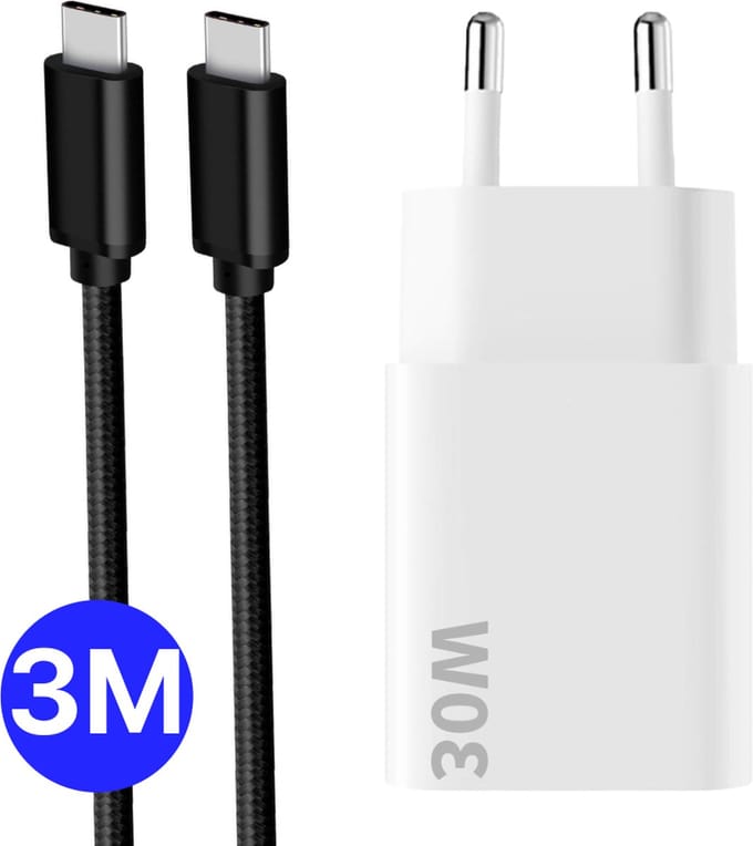 30w Snellader usb C + usb-C naar usbC Kabel - 3 Meter - Stekker Oplader Adapter usb C