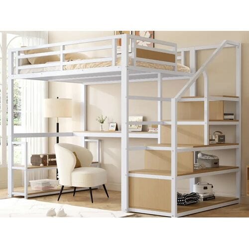 ModernLuxe Hoogslaper van metaal 140x200 cm - met opbergladder en bureau - Wit