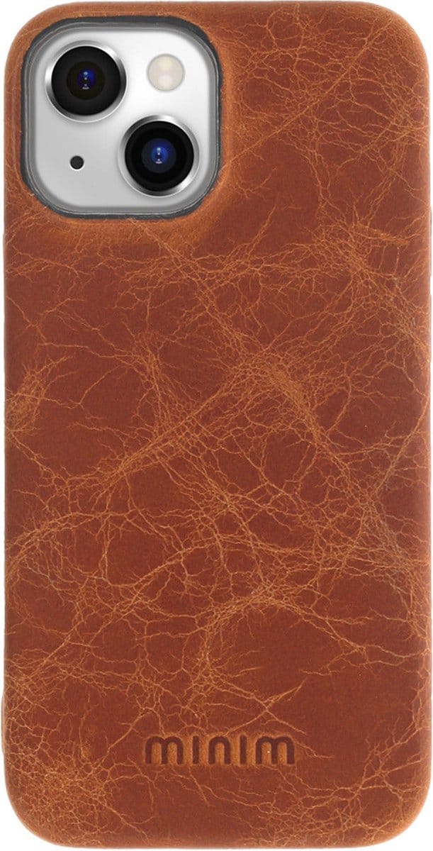 Minim Apple iPhone 14 Hoesje Echt Leer Back Cover Cognac