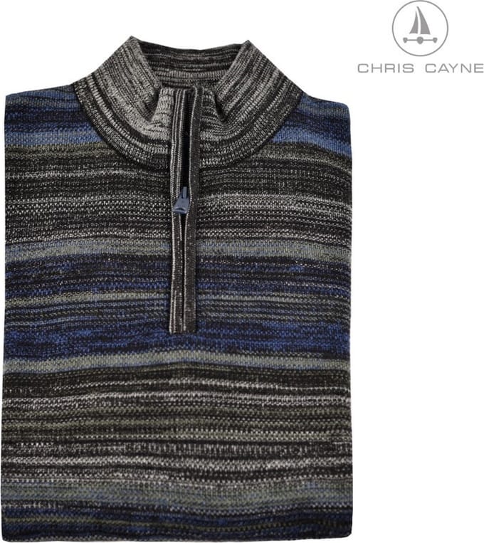 Chris Cayne schipperstrui gestreept - L - heren trui - grijs/blauw/groen - structuur - heren pullover - korte rits - gebreid