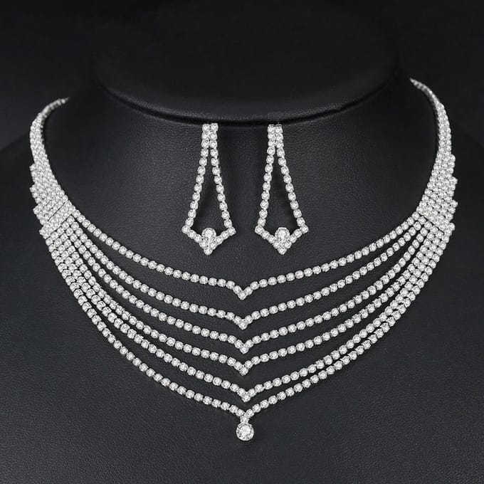 Mode Persoonlijkheid, Bruidsaccessoires Elegante Glanzende Strass Oorbellen Oorbellen Ketting Set zilver