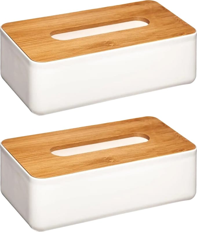 Zakdoekhouders/tissueboxen - 2x stuks - 26 x 13 cm - wit - bamboe deksel - kunststof
